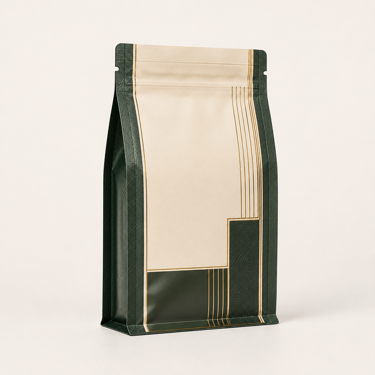 Flat-bottom pouch front three-quarter view