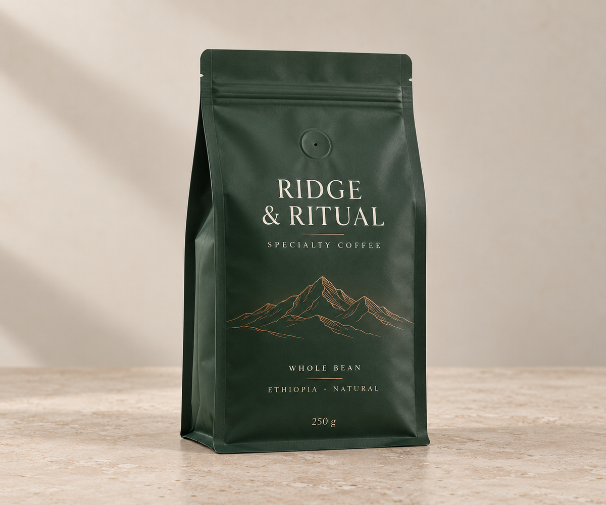 Matte RIDGE & RITUAL flat-bottom coffee pouch