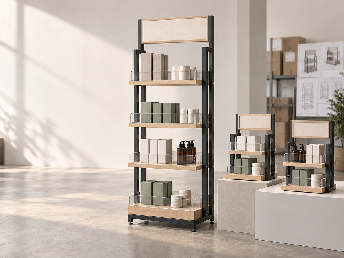 Illustrative floor-standing retail fixture with two matching countertop displays
