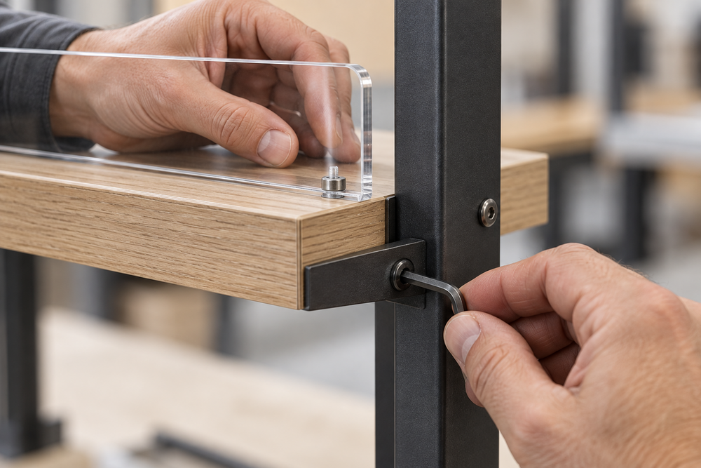 Illustrative acrylic, oak-effect board and metal fixture joint being tightened with an Allen key