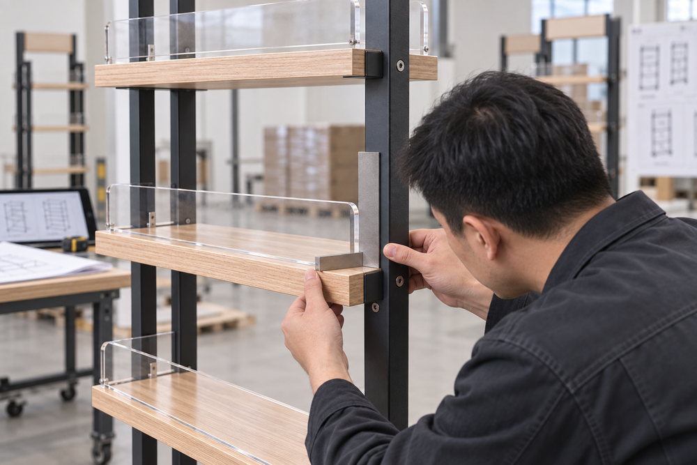 Illustrative technician checking fixture alignment with a precision square