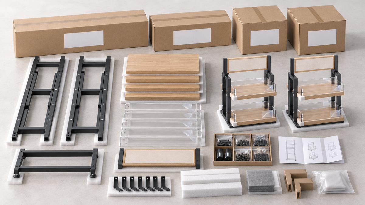 Illustrative one-store fixture kit with floor fixture parts, countertop displays, acrylic, hardware, guide and labeled cartons