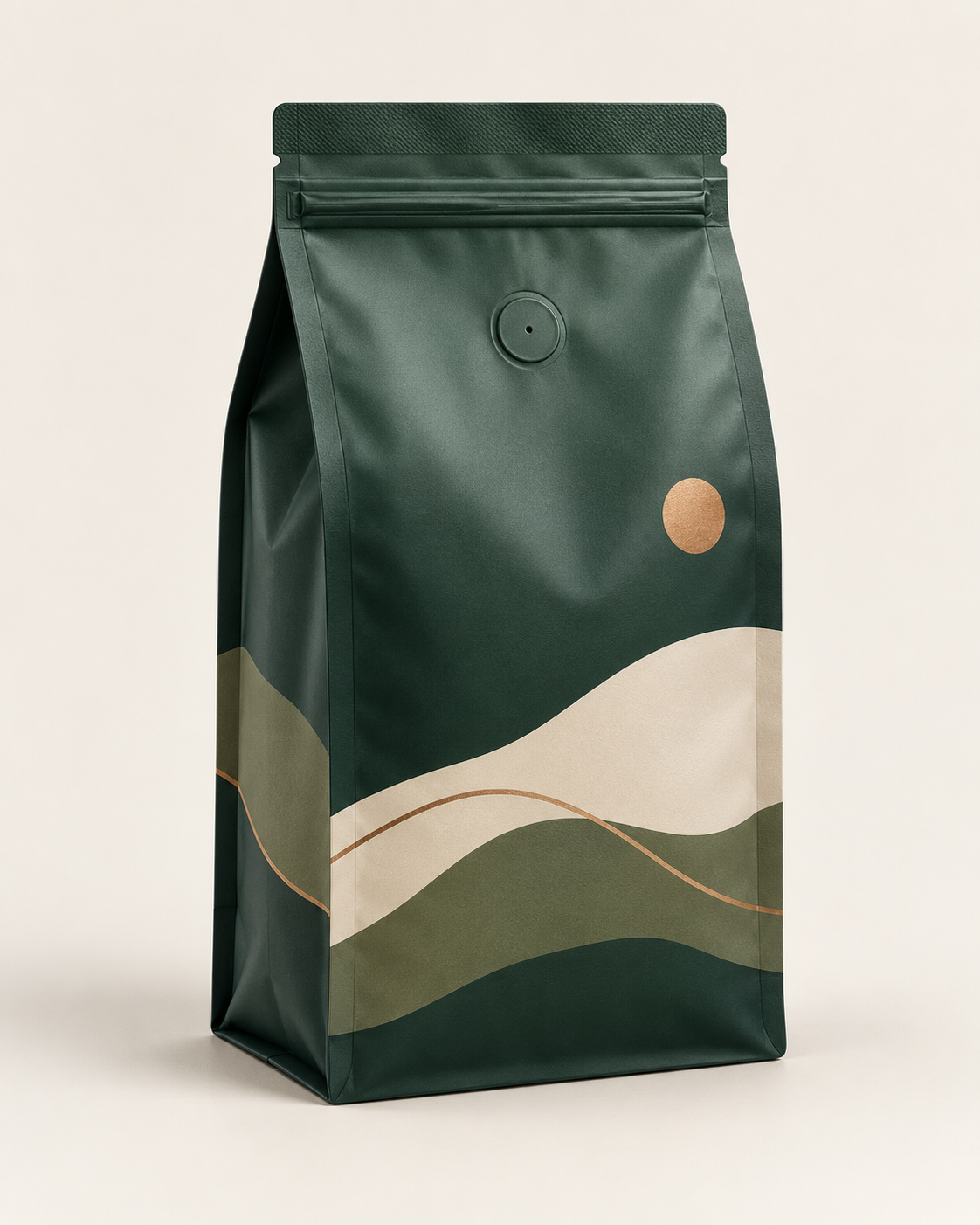 Illustrative flat-bottom coffee pouch showing the valve, closure, side panel and formed base.